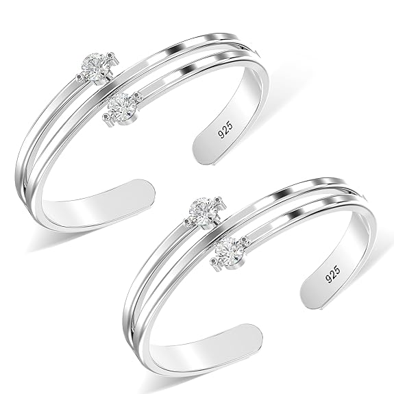 925 Sterling Silver Double Band CZ Toe Rings – Adjustable (Set of 2)
