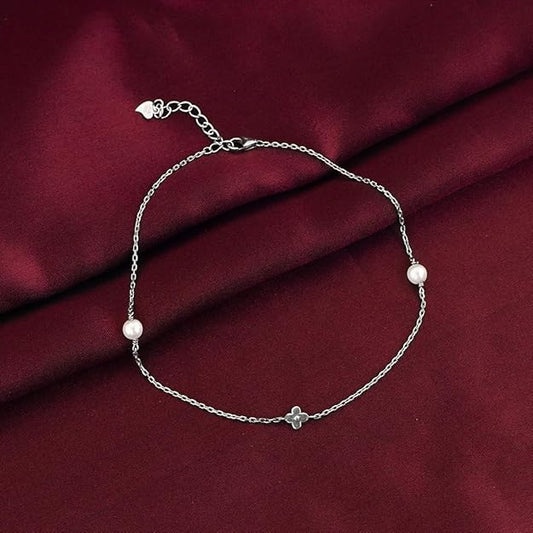 925 Silver Pearls & Flower Anklet,Single| Gifts for Women and Girls | With Certificate of Authenticity and 925 Stamp