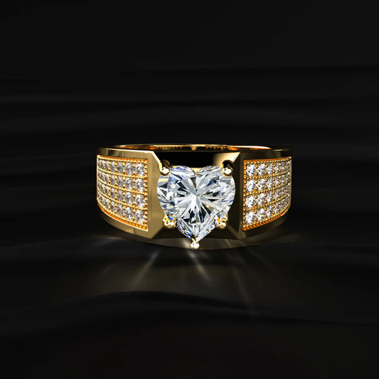Heart Shape Solitaire With Grain Setting Ring For Male | Gold Heart-Shaped Statement Ring
