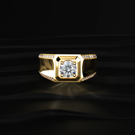 Round Solitaire Men's Ring With Accent Stone | Men’s 925 Sterling Silver Gold-Plated Solitaire Ring | Gift for Men & Boys