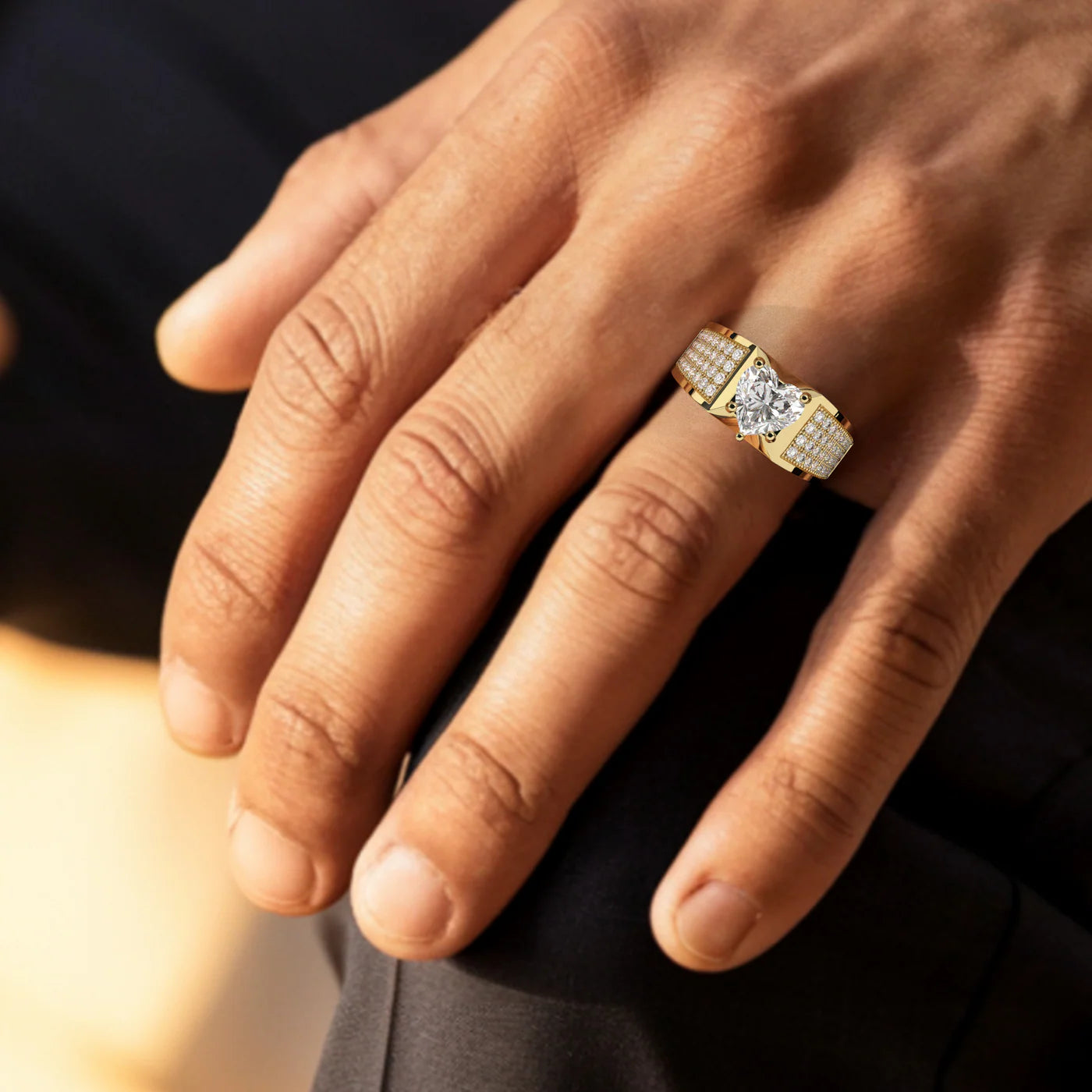 Heart Shape Solitaire With Grain Setting Ring For Male | Gold Heart-Shaped Statement Ring